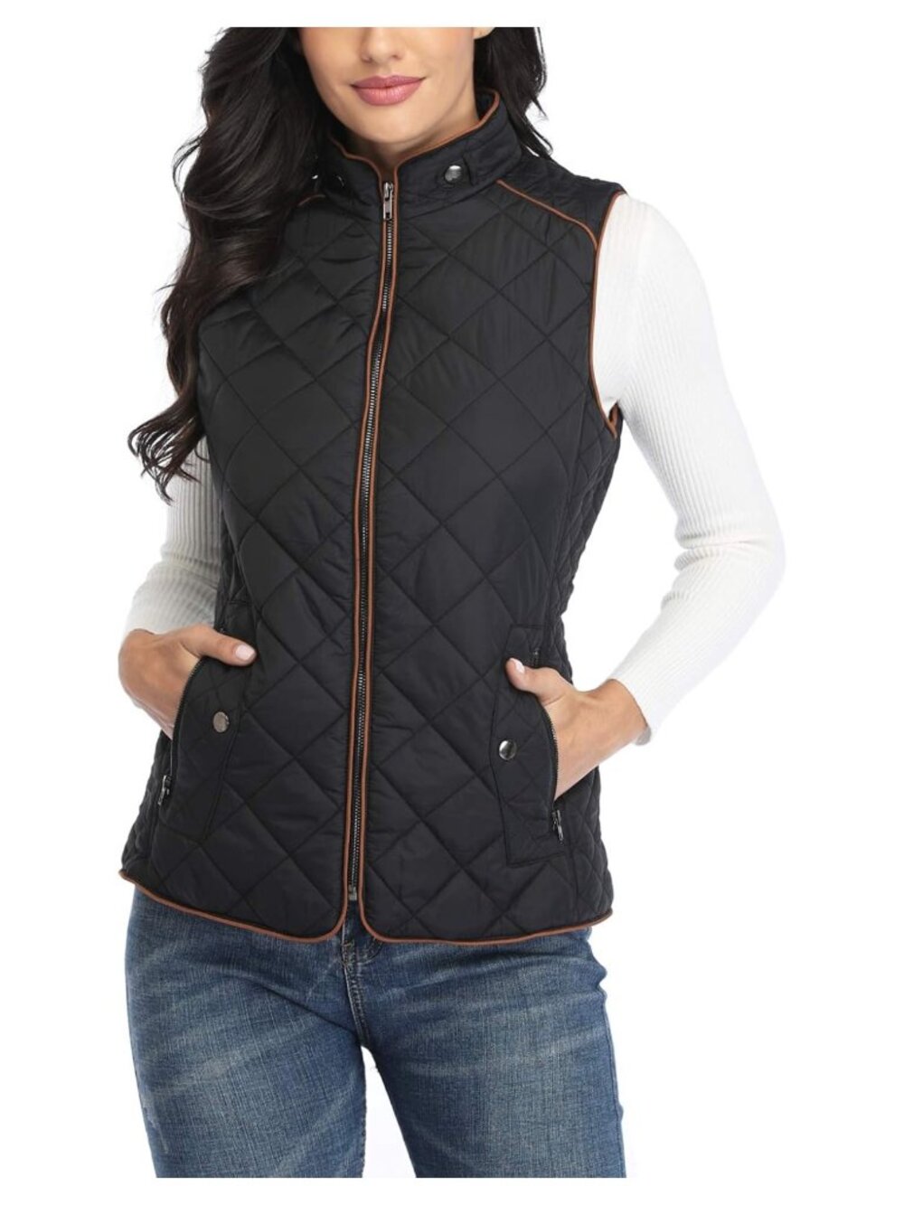 Women's Quilted Padded Zip Vest Stand Collar Lightweight Pockets